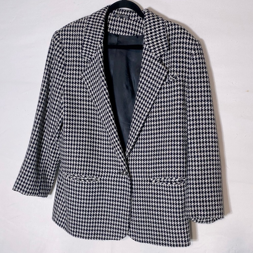 Vintage Ego Fashions Black & White Houndstooth Wool Blend Blazer M Career Wear